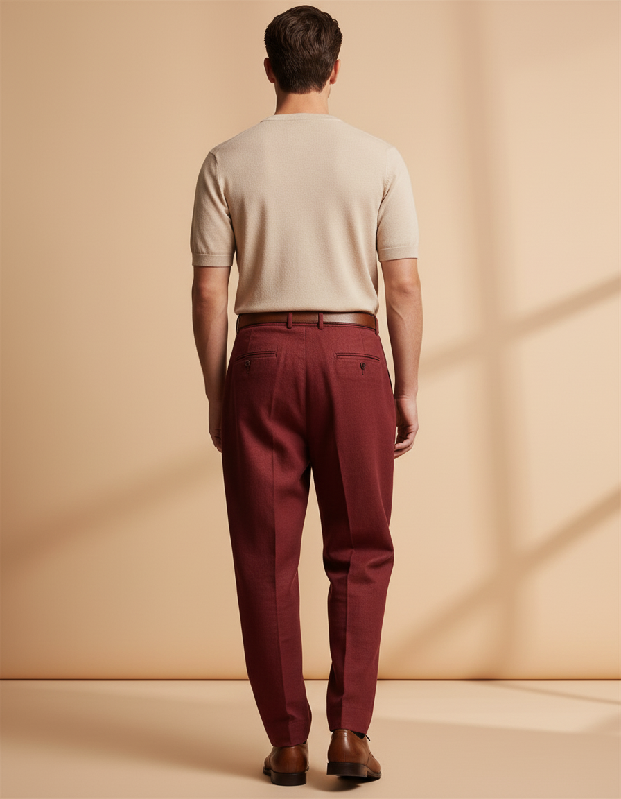 Pantalon Baggy Rouge Brique Ample Plissé Décontracté Homme - Bordeaux Laine - vue 2