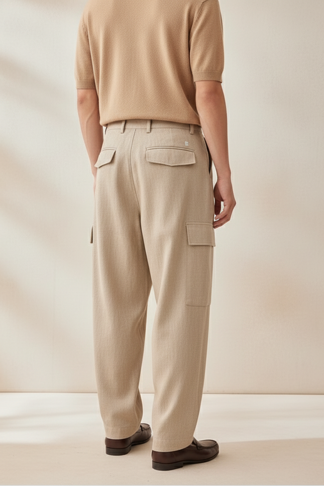 Pantalon Baggy Beige Plissé Ample Cargo Décontracté Homme - Lin - vue 2