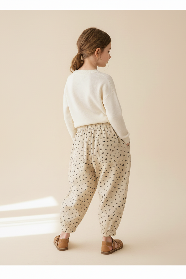 Pantalon Baggy Beige Côtelé Fleuri Ample Confortable - Cordé - vue 2