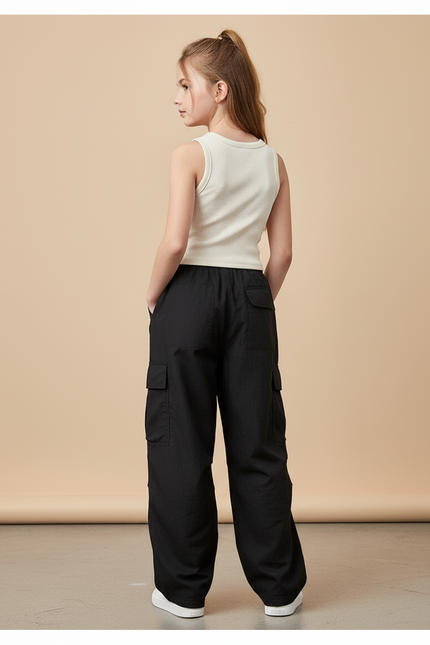 Pantalon Baggy Noir Ample Cargo Décontracté Fille - Toile - vue 2