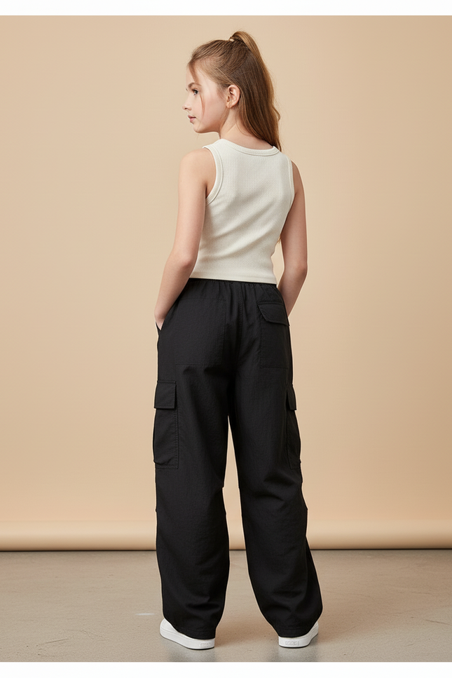 Pantalon Baggy Noir Ample Cargo Décontracté Fille - Toile - vue 2
