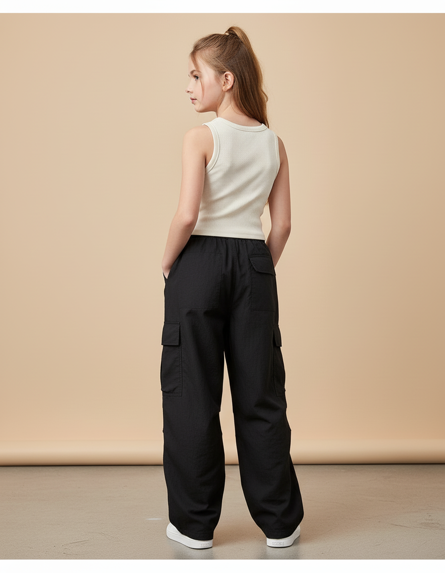 Pantalon Baggy Noir Ample Cargo Décontracté Fille - Toile - vue 2