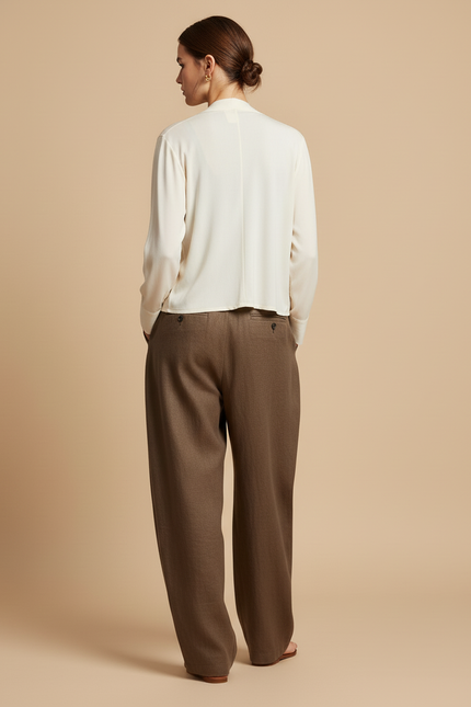 Pantalon Baggy Marron Ample Plissé Décontracté Fluide - Lin - vue 2