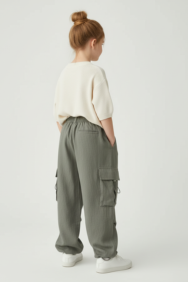 Pantalon Baggy Cargo Vert Ample Confortable Enfant - Kaki Toile - vue 2