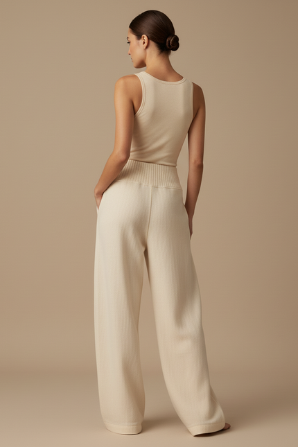 Pantalon Baggy Crème Tricoté Large Confortable Femme - Beige Maille - vue 2