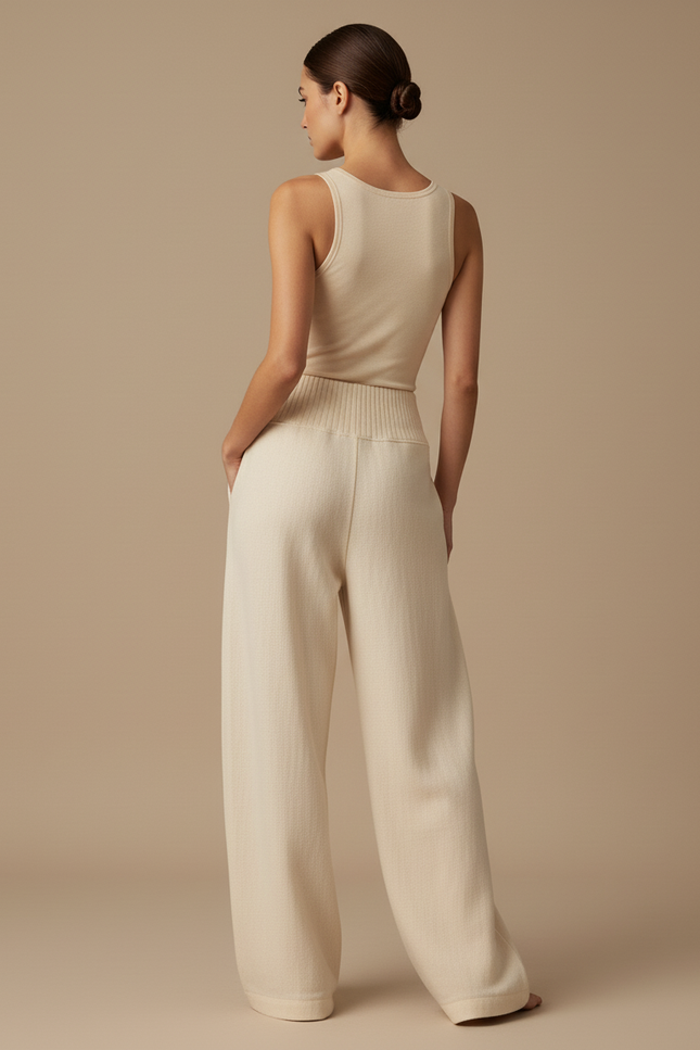 Pantalon Baggy Crème Tricoté Large Confortable Femme - Beige Maille - vue 2