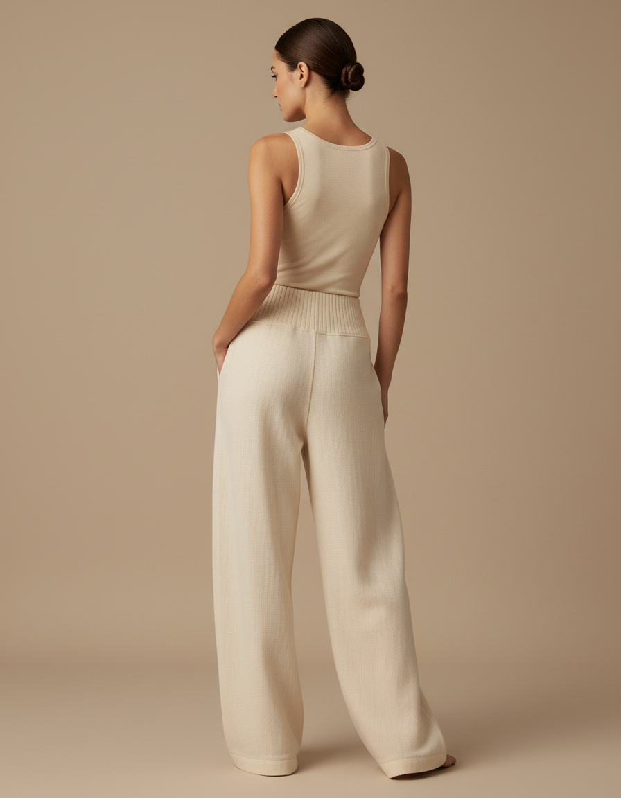 Pantalon Baggy Crème Tricoté Large Confortable Femme - Beige Maille - vue 2