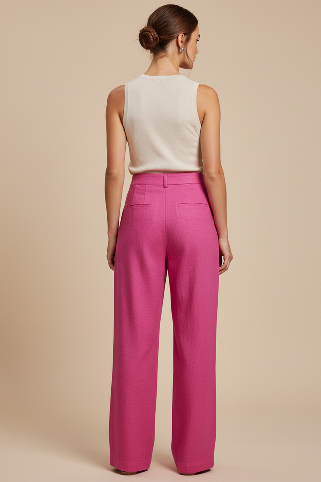 Pantalon Baggy Rose Fuschia Ample Boutons Fluide - Lin - vue 2