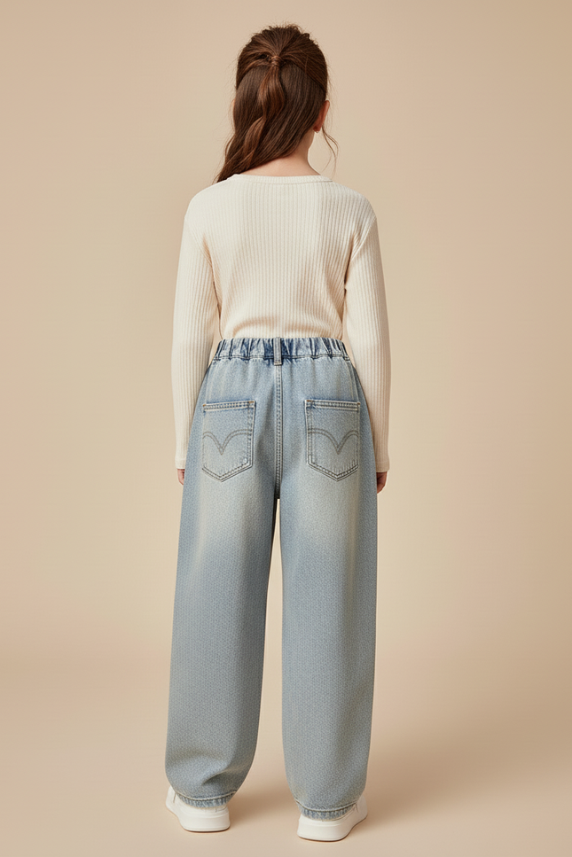 Pantalon Baggy Denim Bleu Nœuds Brodés Fille - Jean - vue 2