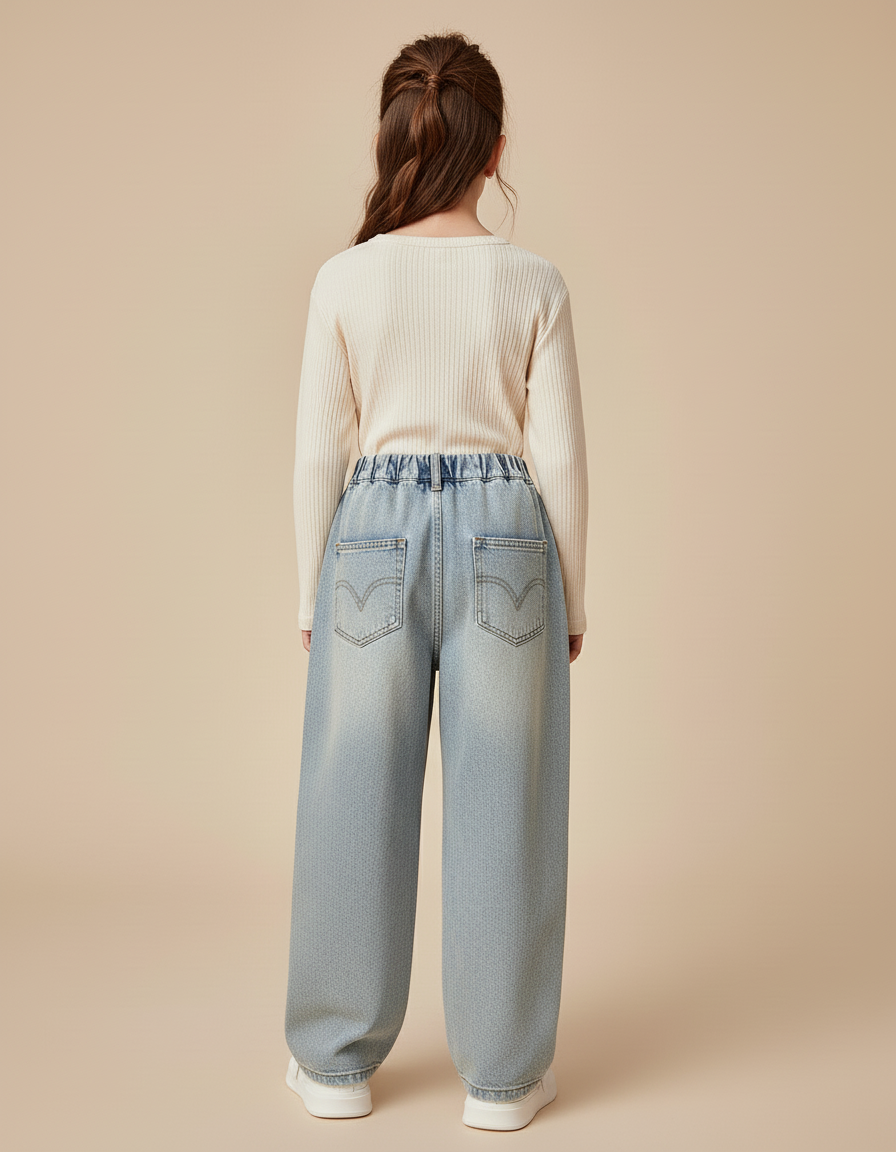 Pantalon Baggy Denim Bleu Nœuds Brodés Fille - Jean - vue 2