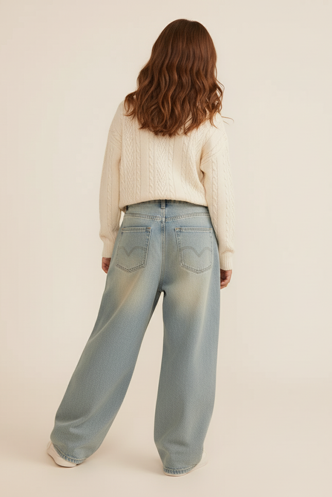 Pantalon Baggy Denim Clair Ample Droit Imprimé - Bleu Jean - vue 2