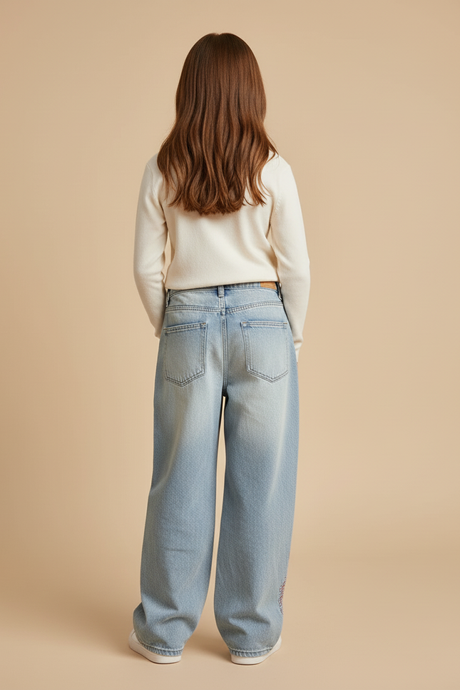 Pantalon Baggy Denim Décontracté Brodé Floral Ample - Bleu Jean - vue 2