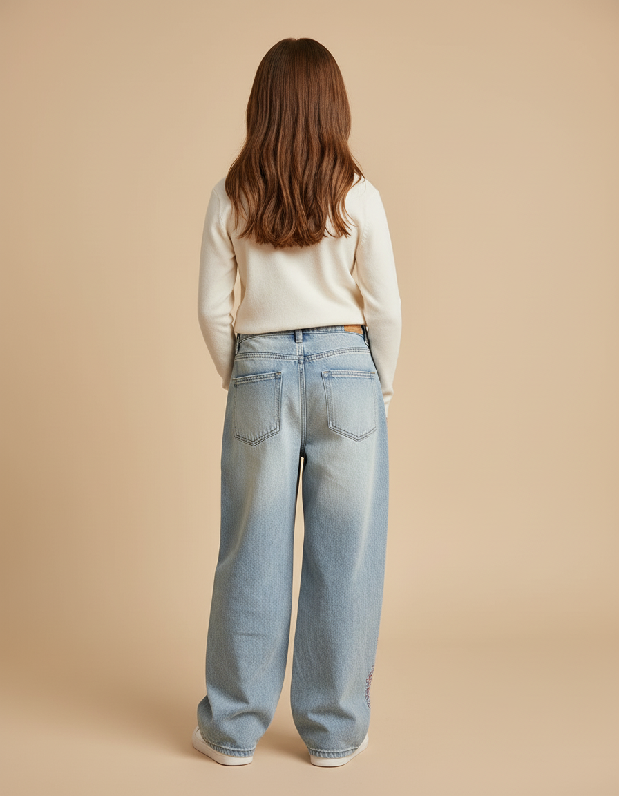 Pantalon Baggy Denim Décontracté Brodé Floral Ample - Bleu Jean - vue 2