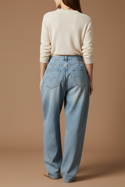 Pantalon Baggy Denim Bleu Ample Plissé Taille Haute - Jean - vue 2