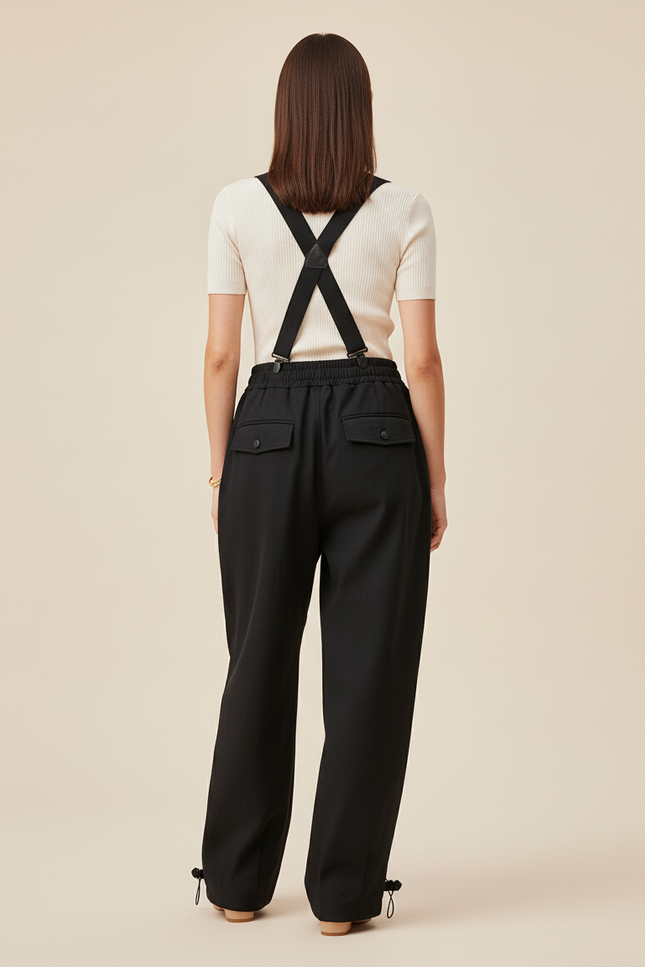Pantalon Baggy Noir Ample Bretelles Décontracté Femme - Polyester - vue 2