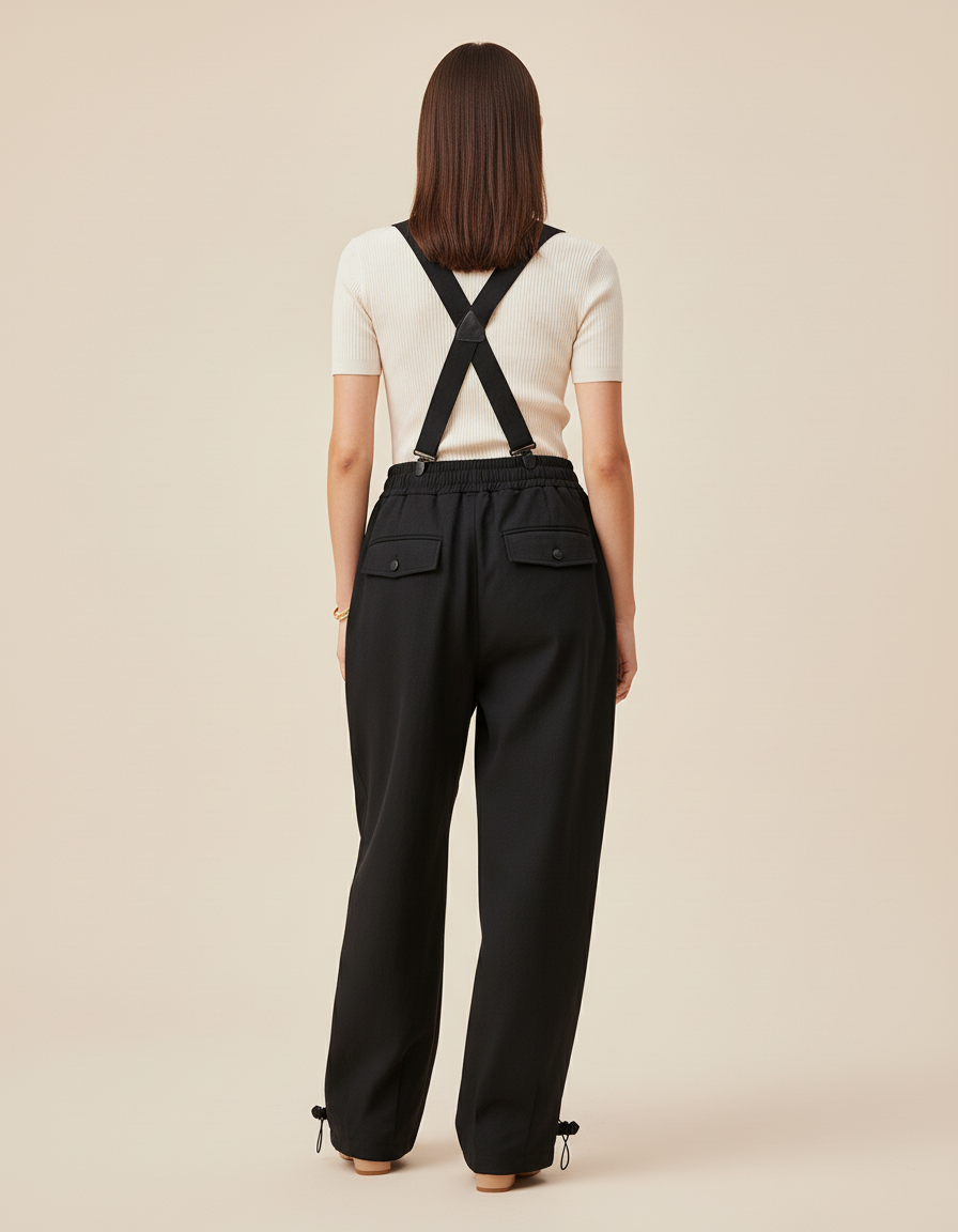 Pantalon Baggy Noir Ample Bretelles Décontracté Femme - Polyester - vue 2