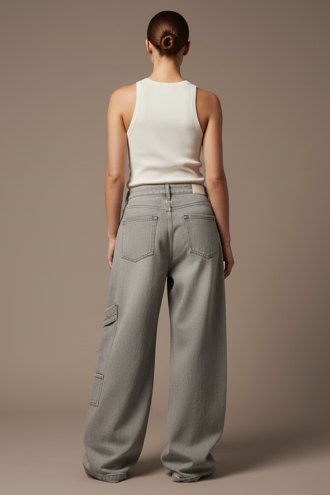 Pantalon Baggy Gris Ample Cargo Taille Haute - Jean - vue 2