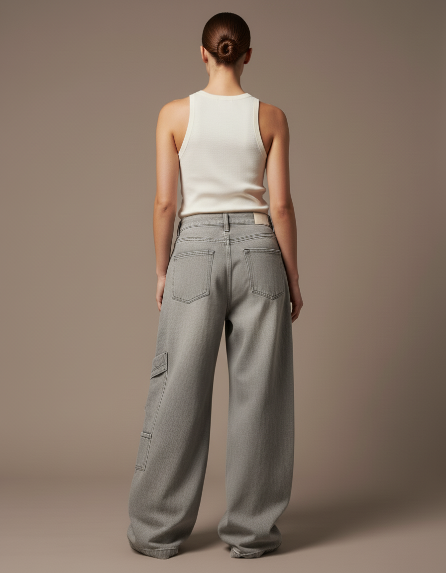 Pantalon Baggy Gris Ample Cargo Taille Haute - Jean - vue 2