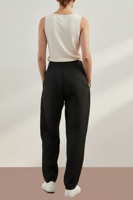 Pantalon Baggy Noir Lin Plissé Décontracté Ample Femme - vue 2