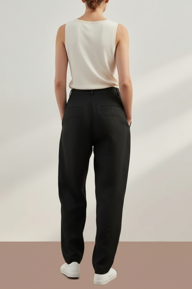 Pantalon Baggy Noir Lin Plissé Décontracté Ample Femme - vue 2