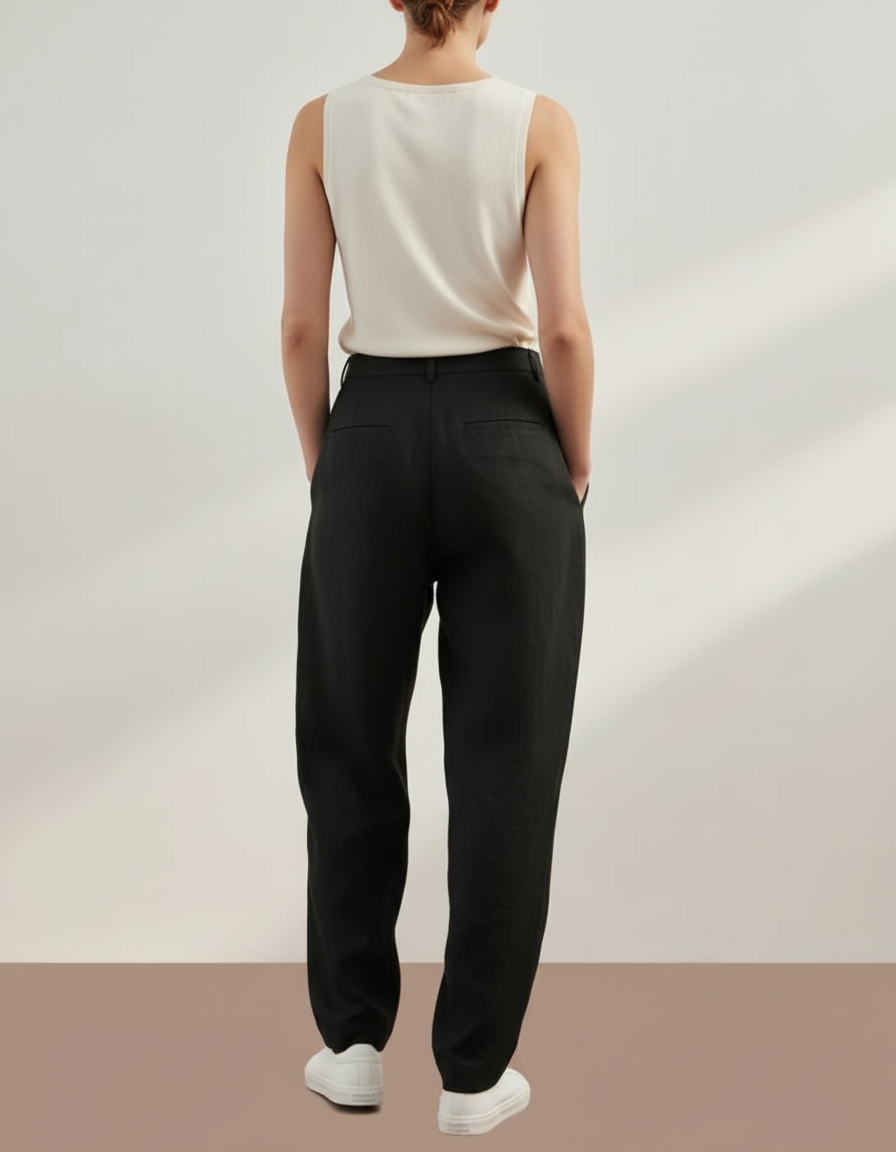 Pantalon Baggy Noir Lin Plissé Décontracté Ample Femme - vue 2