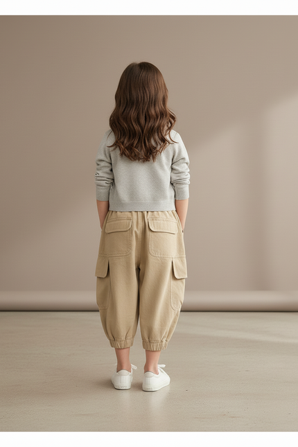 Pantalon Baggy Fille Beige Cargo Coton - Toile - vue 2