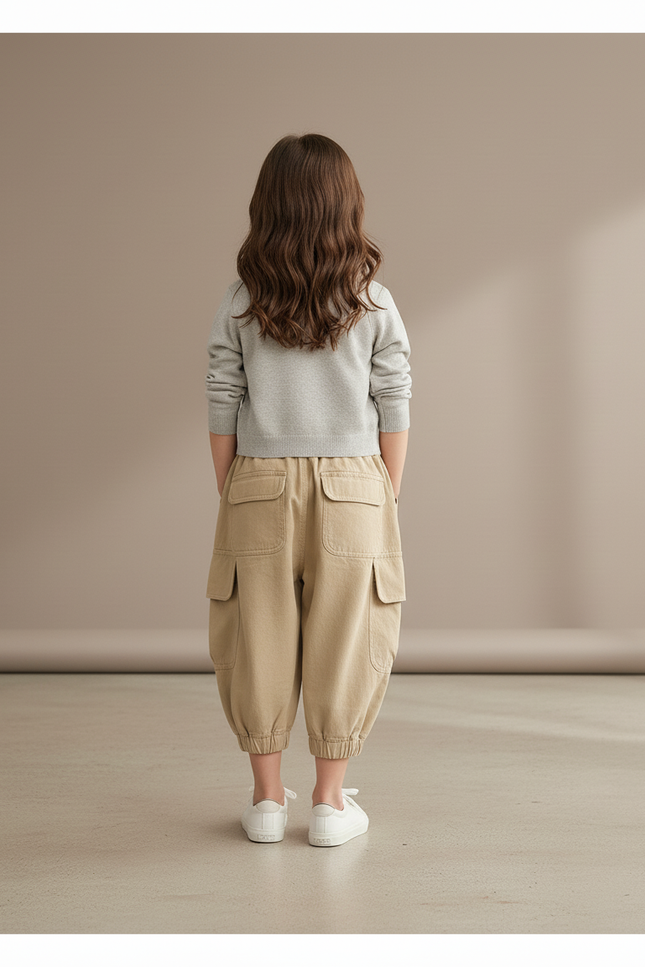 Pantalon Baggy Fille Beige Cargo Coton - Toile - vue 2