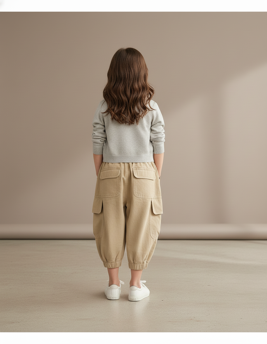 Pantalon Baggy Fille Beige Cargo Coton - Toile - vue 2