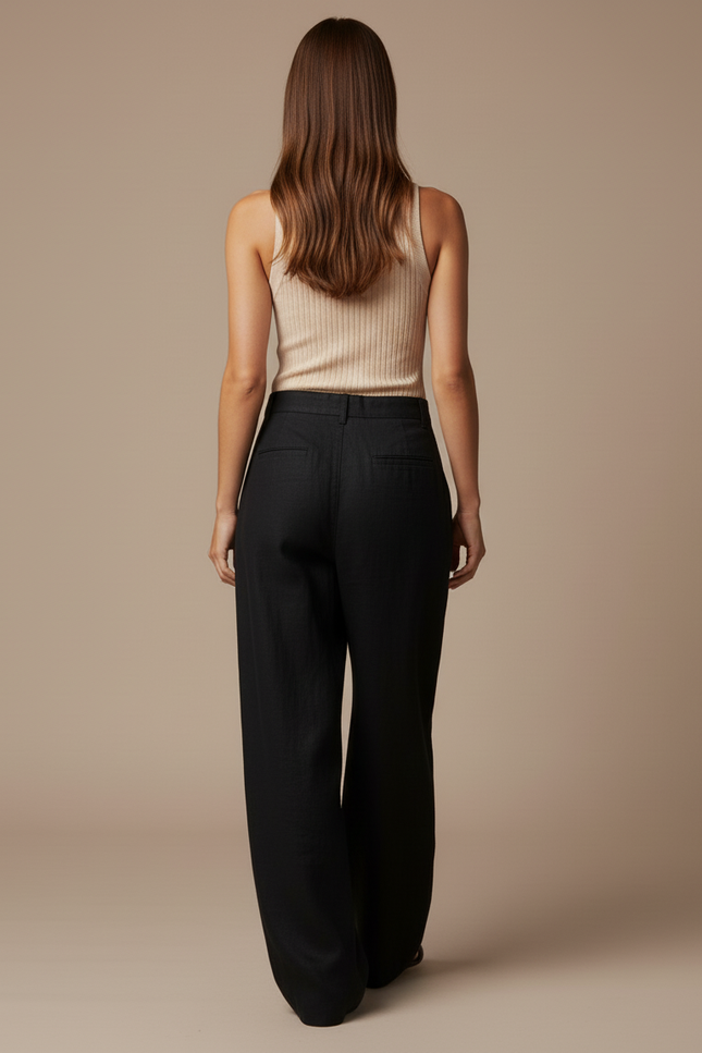 Pantalon Baggy Noir Lin Ample Élégant Décontracté Femme - vue 2