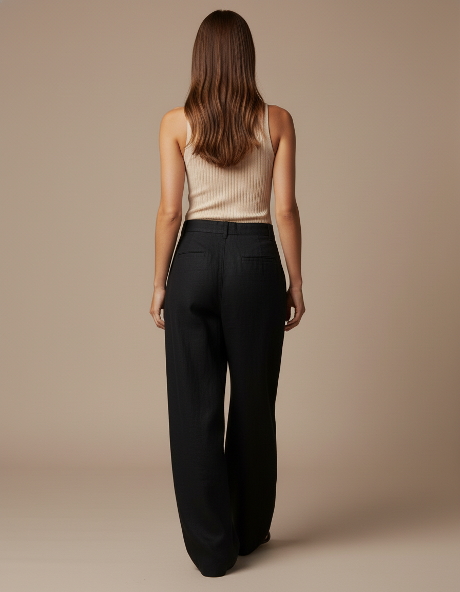 Pantalon Baggy Noir Lin Ample Élégant Décontracté Femme - vue 2