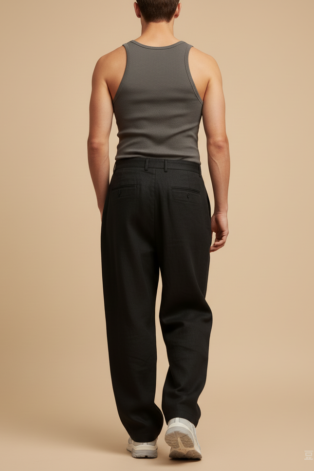 Pantalon Baggy Noir Plissé Ample Décontracté Homme - Lin - vue 2