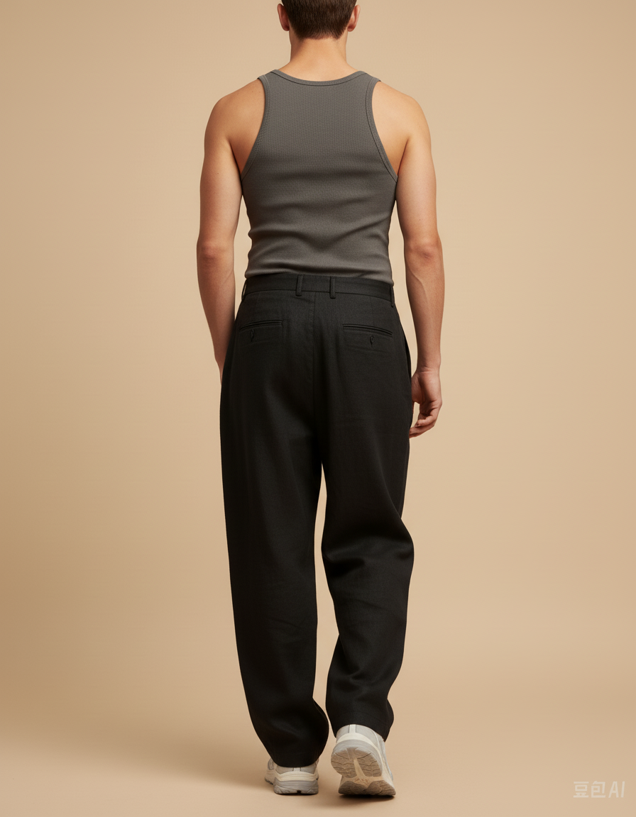 Pantalon Baggy Noir Plissé Ample Décontracté Homme - Lin - vue 2