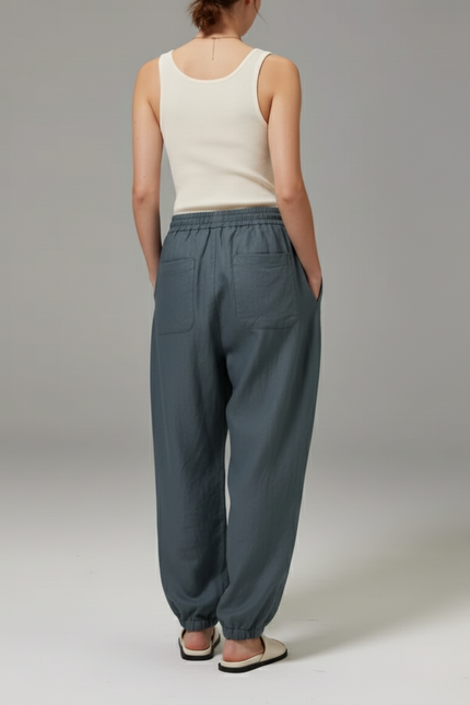 Pantalon Baggy Gris Bleu Lin Ample Fluide Décontracté - vue 2