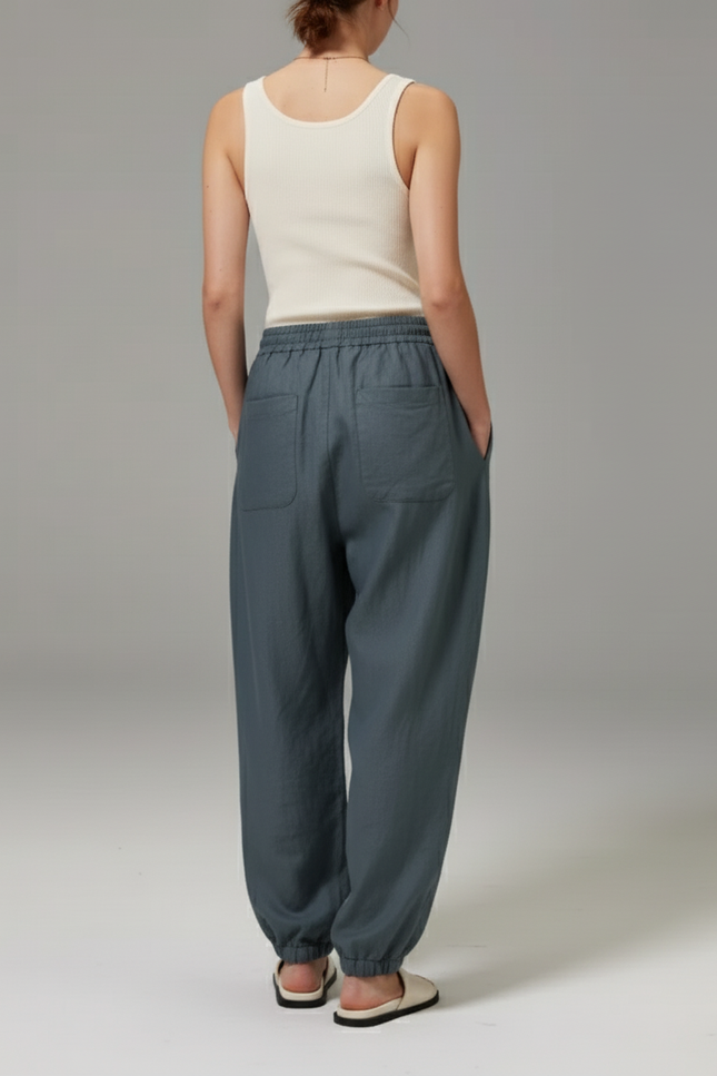Pantalon Baggy Gris Bleu Lin Ample Fluide Décontracté - vue 2