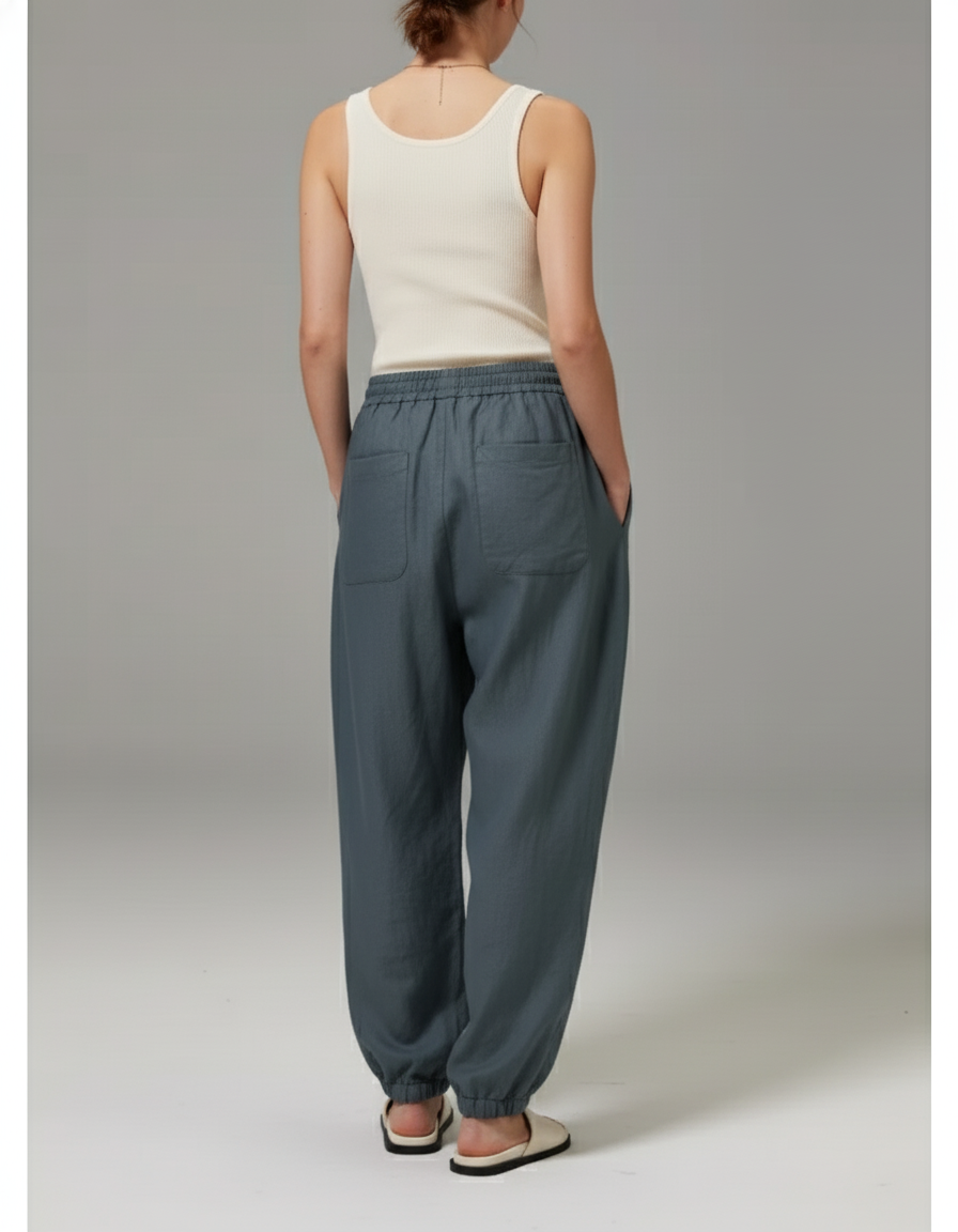Pantalon Baggy Gris Bleu Lin Ample Fluide Décontracté - vue 2