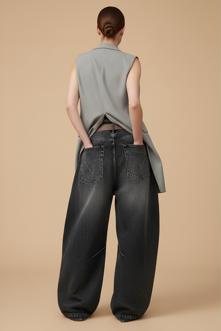 Pantalon Baggy Jean Noir Ample Droit Vintage Femme - vue 2