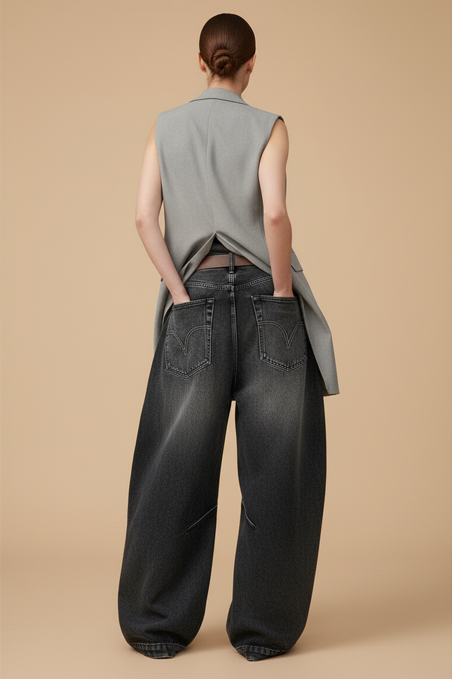 Pantalon Baggy Jean Noir Ample Droit Vintage Femme - vue 2