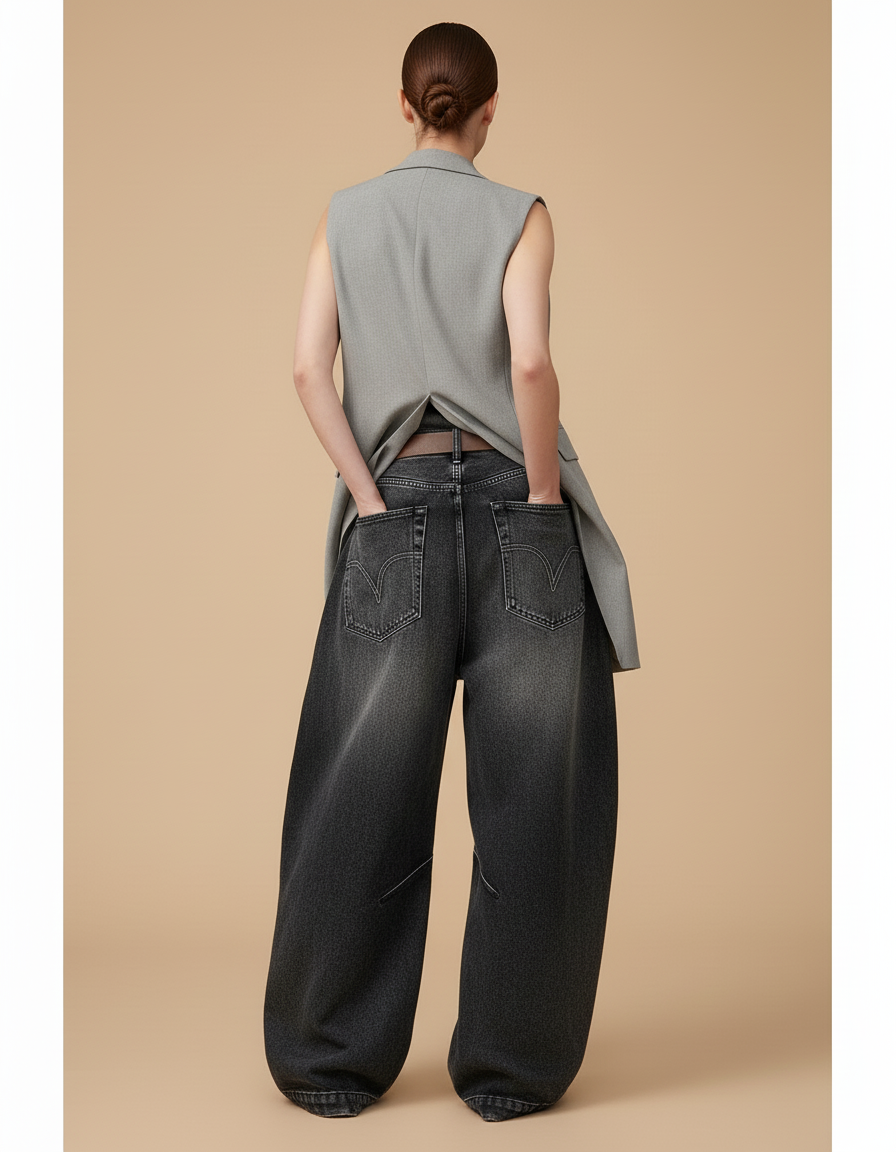 Pantalon Baggy Jean Noir Ample Droit Vintage Femme - vue 2