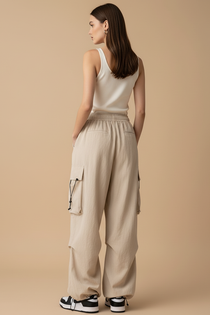 Pantalon Baggy Beige Cargo Ample Taille Haute - Toile - vue 2