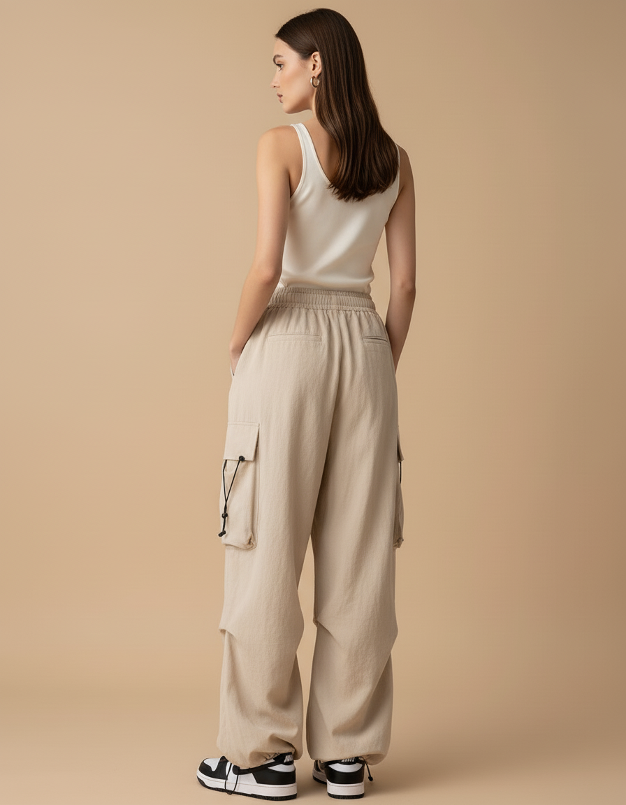 Pantalon Baggy Beige Cargo Ample Taille Haute - Toile - vue 2