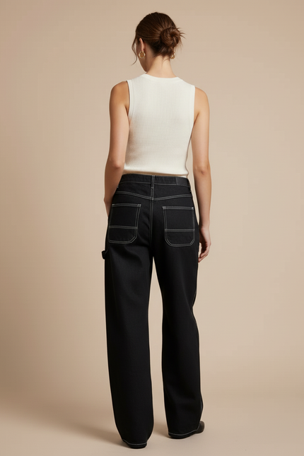 Pantalon Baggy Noir Couture Blanche Ample Femme - Toile - vue 2