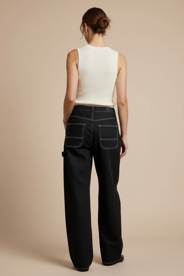 Pantalon Baggy Noir Couture Blanche Ample Femme - Toile - vue 2