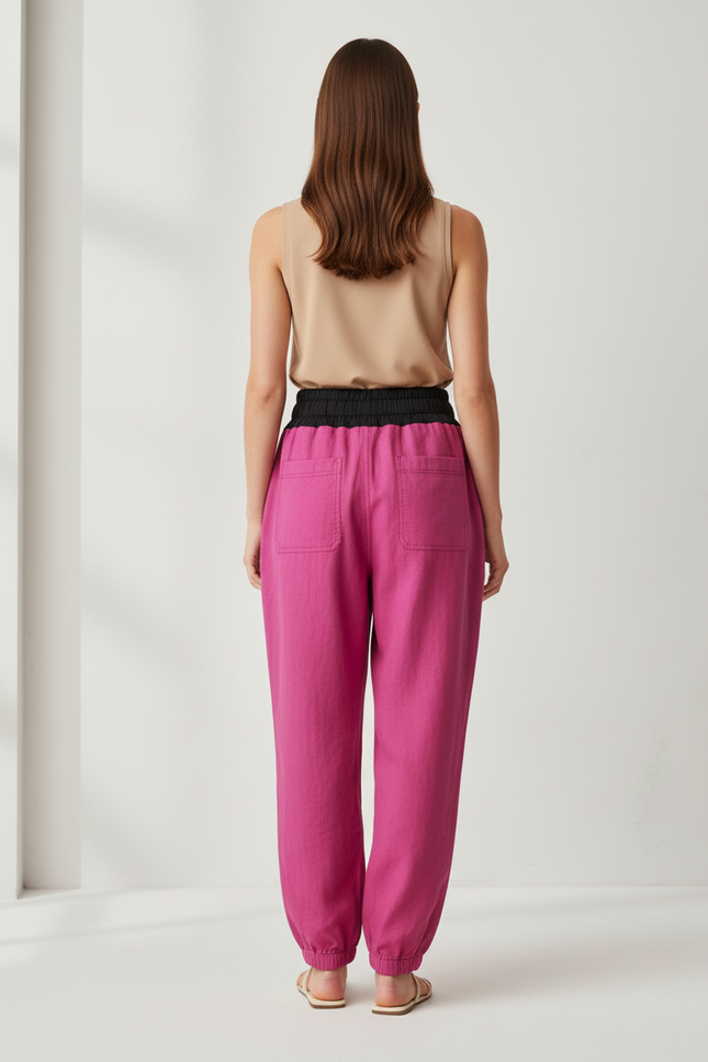 Pantalon Baggy Fuchsia Lin Ample Élastiqué Décontracté - Rose - vue 2
