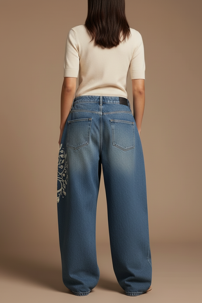 Pantalon Baggy Jean Bleu Imprimé Ample Streetwear Y2K - vue 2