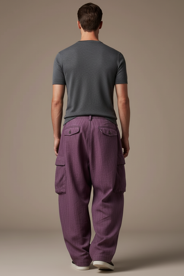 Pantalon Baggy Violet Ample Cargo Plissé Homme - Gabardine - vue 2