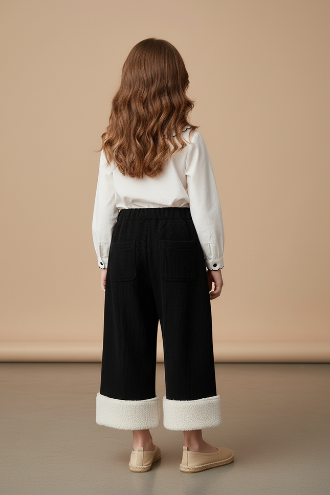 Pantalon Baggy Noir Côtelé Doublé Polaire Ample Fille - Cordé - vue 2