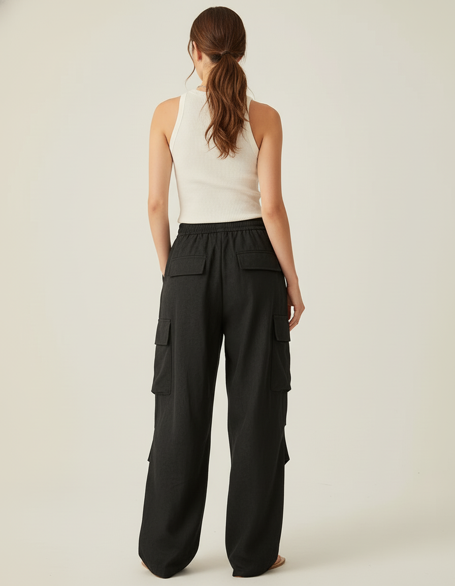 Pantalon Baggy Noir Ample Cargo Fluide Femme - Polyester - vue 2