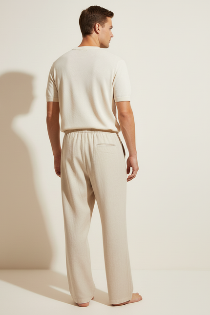 Pantalon Baggy Beige Lin Cordon Ample Homme Décontracté - vue 2