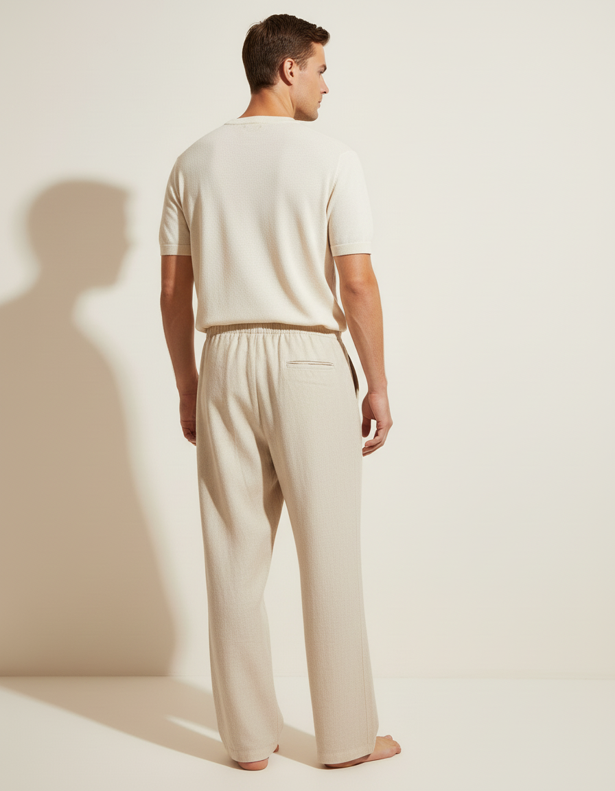 Pantalon Baggy Beige Lin Cordon Ample Homme Décontracté - vue 2