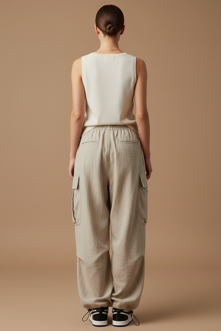 Pantalon Baggy Beige Cargo Ample Cordon Décontracté - Lin - vue 2